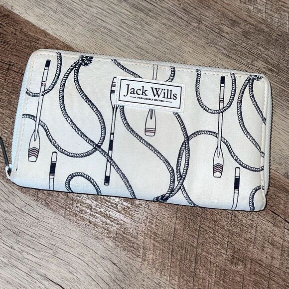 Jack Wills Womens Zip Around Printed Long Wallet Purse‎ White Navy OS - Picture 1 of 5